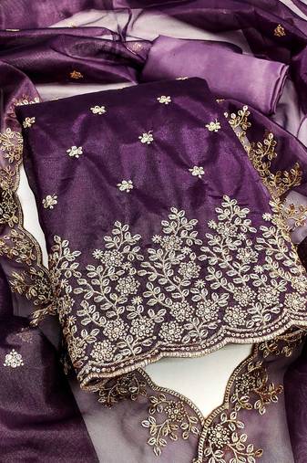Women purple twill net embroidered unstitched dress material with dupatta