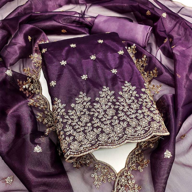 Women purple twill net embroidered unstitched dress material with dupatta