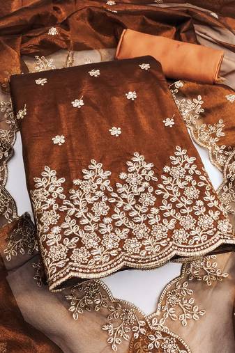 Women rust twill net embroidered unstitched dress material with dupatta