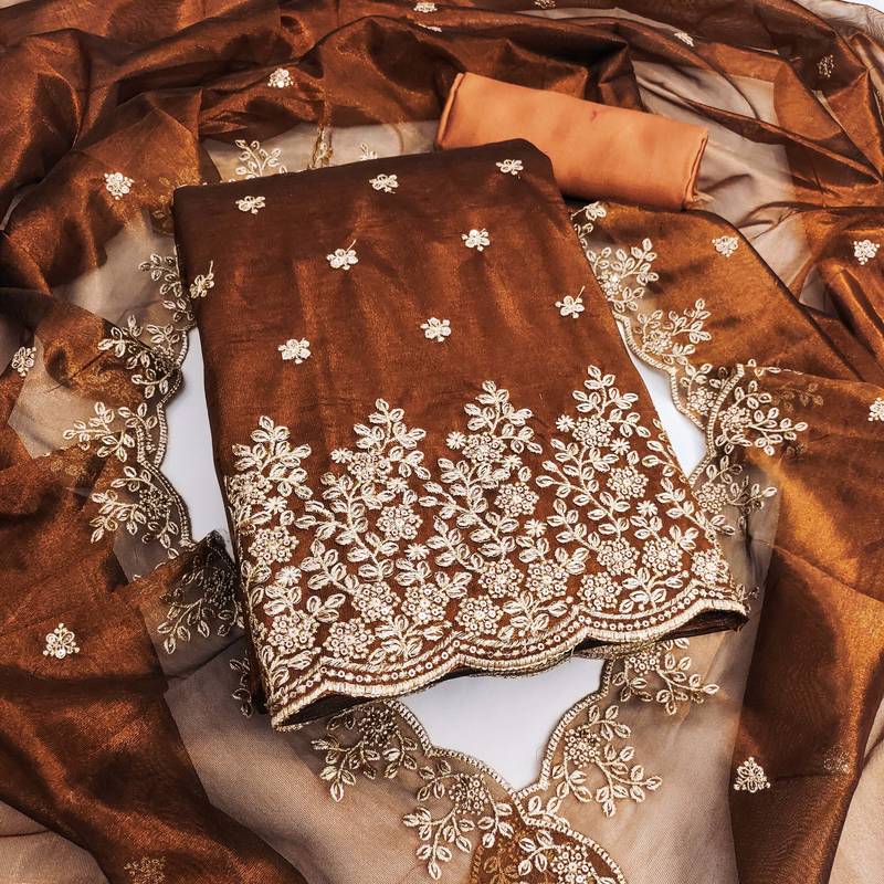 Women rust twill net embroidered unstitched dress material with dupatta