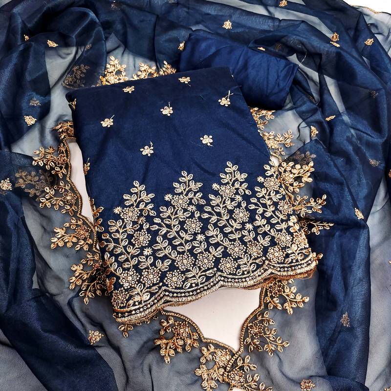 Women teal blue twill net embroidered unstitched dress material with dupatta