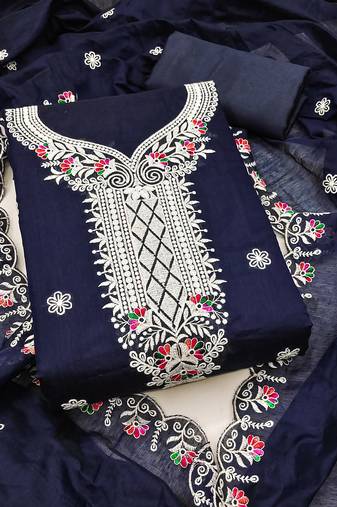 Women blue chanderi cotton embroidered unstitched dress material with dupatta