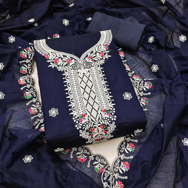 Women blue chanderi cotton embroidered unstitched dress material with dupatta