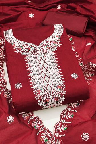 Women maroon chanderi cotton embroidered unstitched dress material with dupatta
