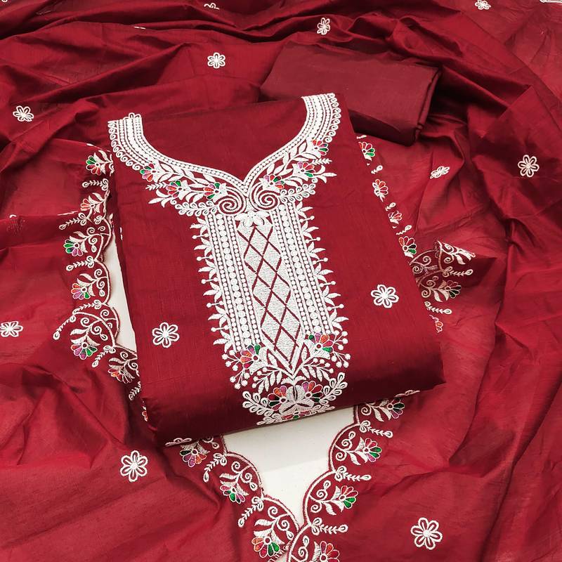 Women maroon chanderi cotton embroidered unstitched dress material with dupatta