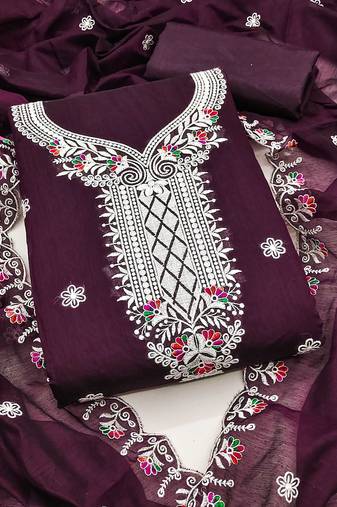 Women purple chanderi cotton embroidered unstitched dress material with dupatta