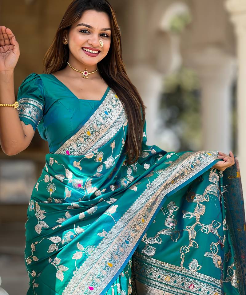 aqua blue banarasi silk blend meenakari weaving saree