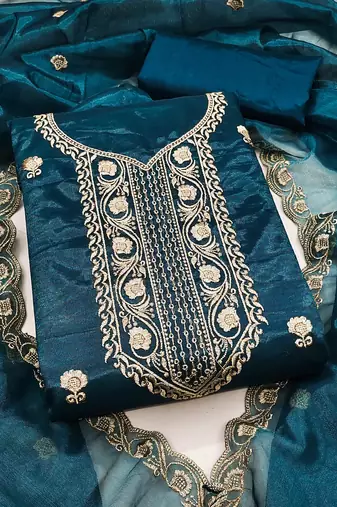 Women teal blue twill net embroidered unstitched dress material with dupatta