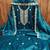 Women teal blue twill net embroidered unstitched dress material with dupatta