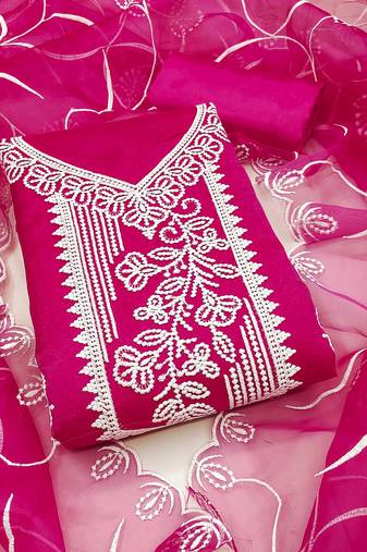 Women pink organza embroidered unstitched dress material with dupatta