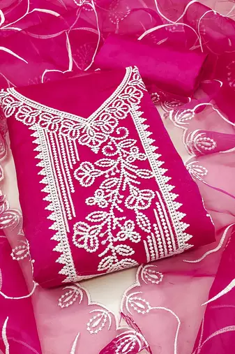 Women pink organza embroidered unstitched dress material with dupatta