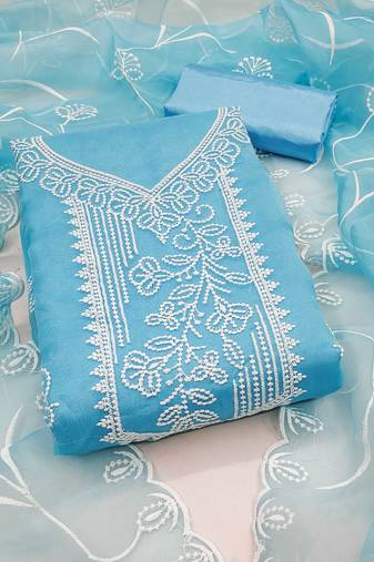 Women sky blue organza embroidered unstitched dress material with dupatta