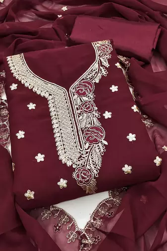 Women magenta georgette embroidered unstitched dress material with dupatta