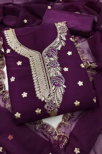 Women purple georgette embroidered unstitched dress material with dupatta