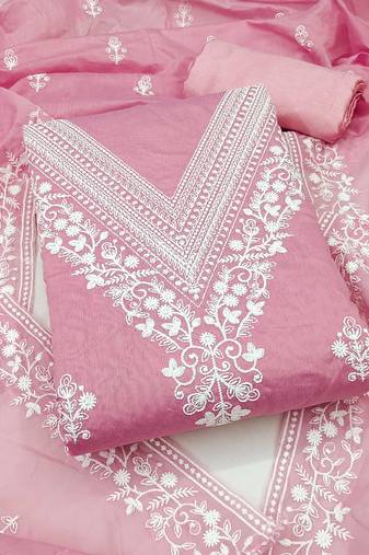 Women baby pink chanderi cotton embroidered unstitched dress material with dupatta