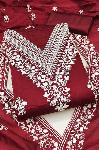 Women maroon chanderi cotton embroidered unstitched dress material with dupatta