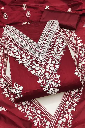 Women maroon chanderi cotton embroidered unstitched dress material with dupatta