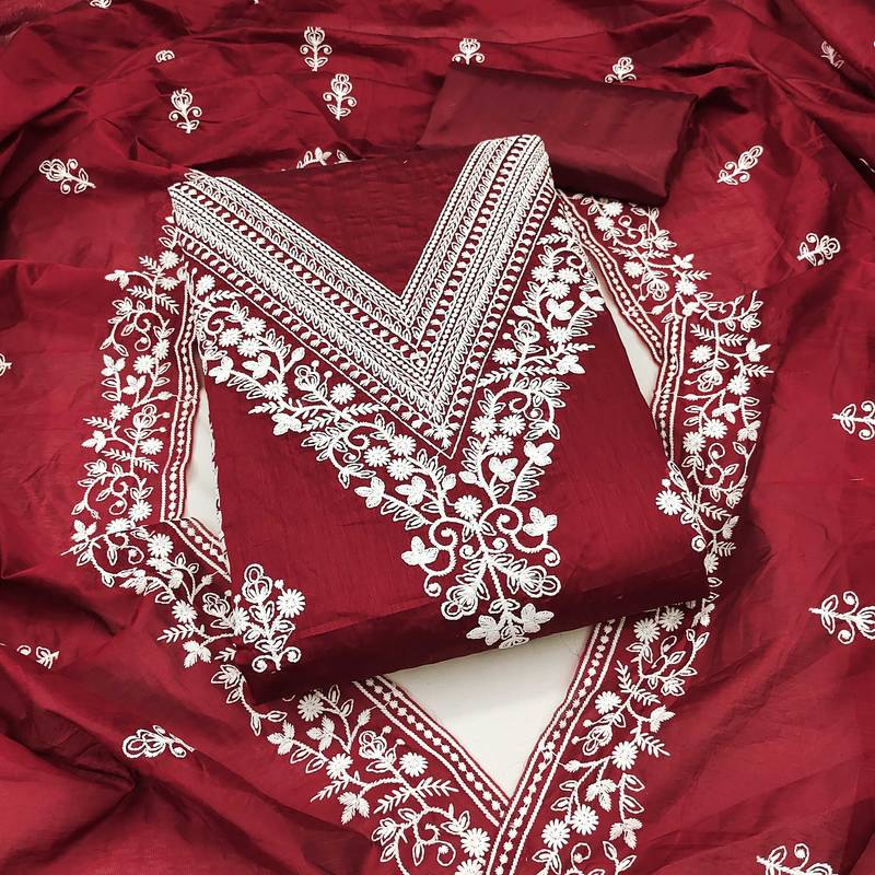 Women maroon chanderi cotton embroidered unstitched dress material with dupatta