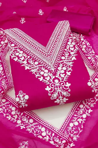 Women pink chanderi cotton embroidered unstitched dress material with dupatta