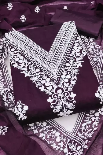 Women purple chanderi cotton embroidered unstitched dress material with dupatta