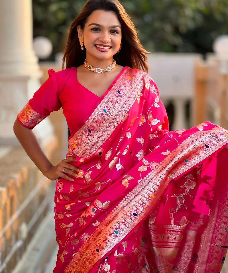 rani pink banarasi silk blend meenakari weaving saree