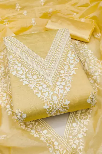 Women yellow chanderi cotton embroidered unstitched dress material with dupatta