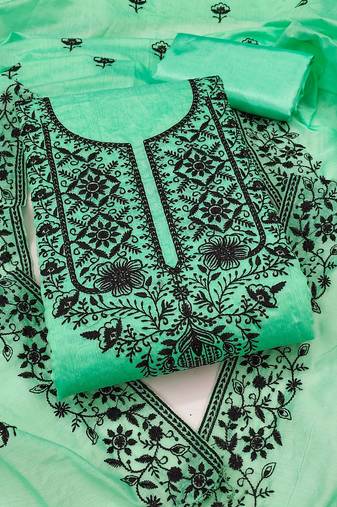 Women light green chanderi cotton embroidered unstitched dress material with dupatta