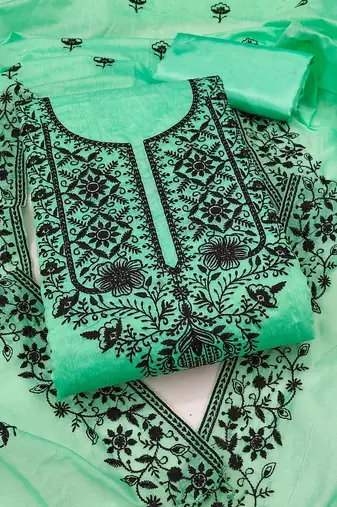 Women light green chanderi cotton embroidered unstitched dress material with dupatta