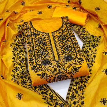 Women yellow chanderi cotton embroidered unstitched dress material with dupatta 1