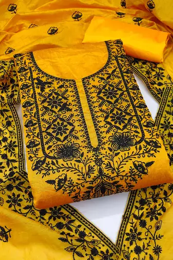 Women yellow chanderi cotton embroidered unstitched dress material with dupatta