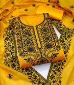 Women yellow chanderi cotton embroidered unstitched dress material with dupatta
