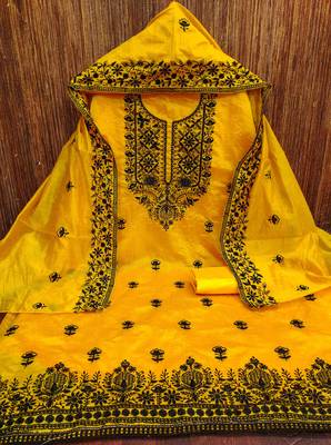 Women yellow chanderi cotton embroidered unstitched dress material with dupatta 3