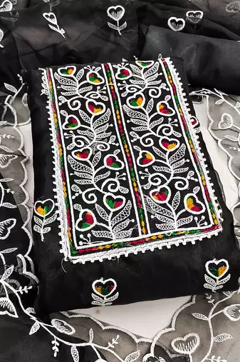 Women black organza embroidered unstitched dress material with dupatta