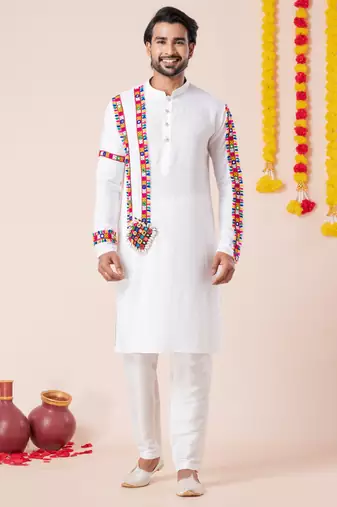 White pure rayon navratri special premium designer kurta pyjama