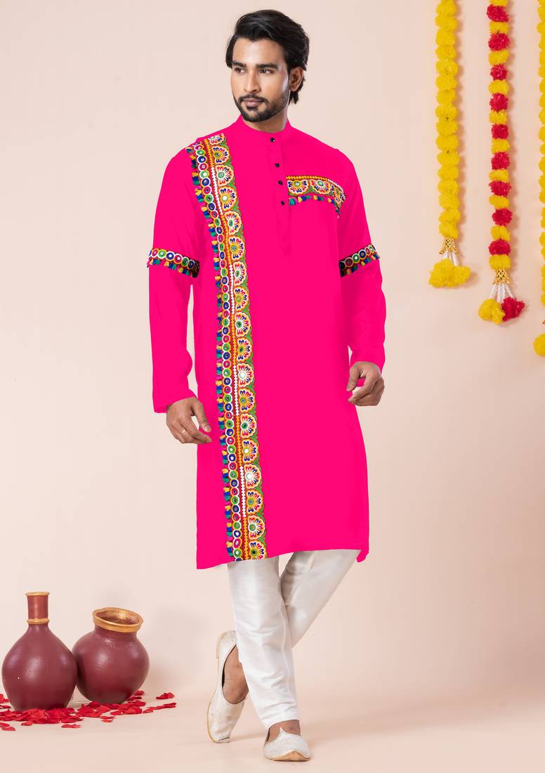 Pink pure rayon navratri special premium designer kurta pyjama