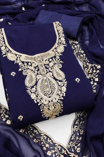 Women blue georgette embroidered unstitched dress material with dupatta