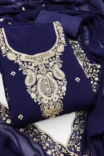 Women blue georgette embroidered unstitched dress material with dupatta