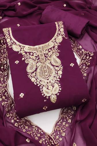 Women purple georgette embroidered unstitched dress material with dupatta