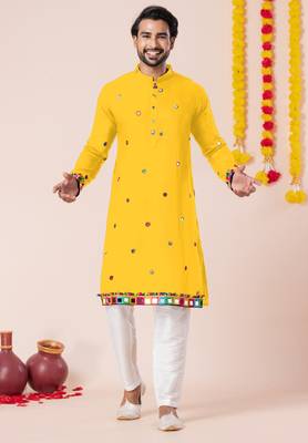 Yellow pure rayon navratri special premium designer kurta pyjama 1