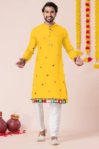 Yellow pure rayon navratri special premium designer kurta pyjama