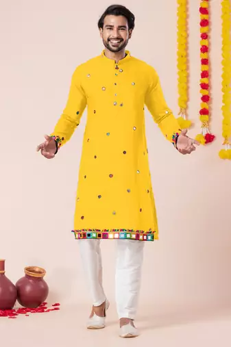 Yellow pure rayon navratri special premium designer kurta pyjama