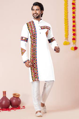 White pure rayon navratri special premium designer kurta pyjama