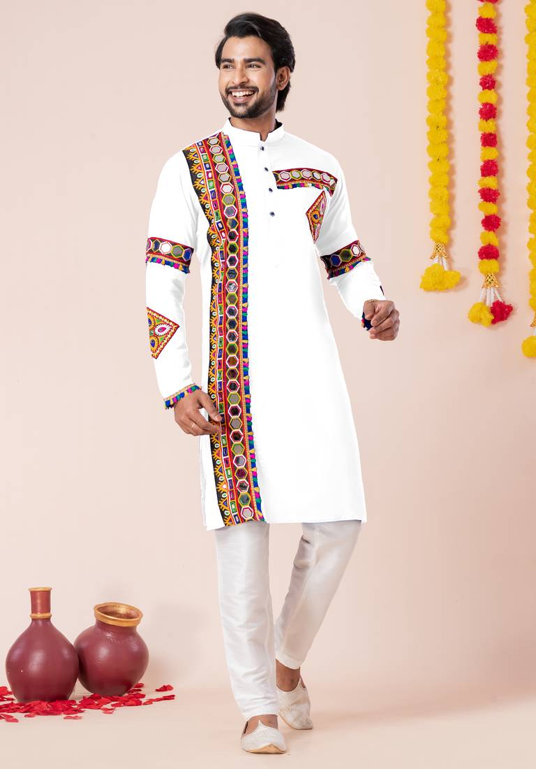 White pure rayon navratri special premium designer kurta pyjama