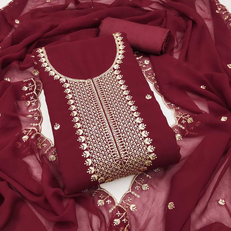 Women maroon georgette embroidered unstitched dress material with dupatta