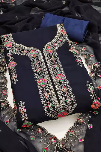 Women blue georgette embroidered unstitched dress material with dupatta