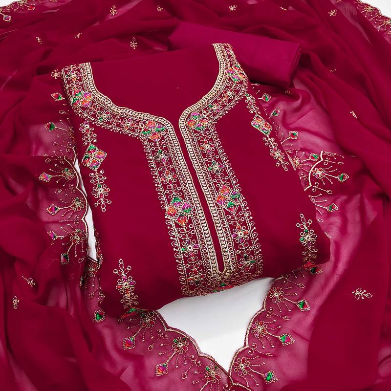 Women pink georgette embroidered unstitched dress material with dupatta