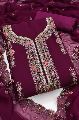 Women purple georgette embroidered unstitched dress material with dupatta
