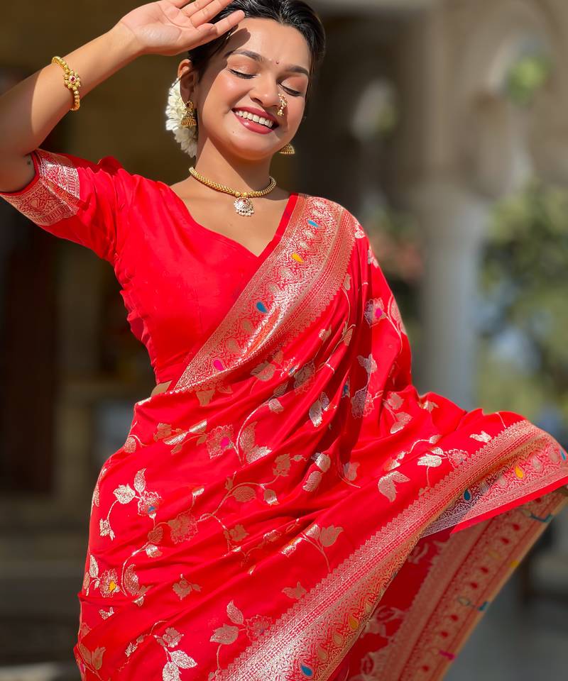 red banarasi silk blend meenakari weaving saree