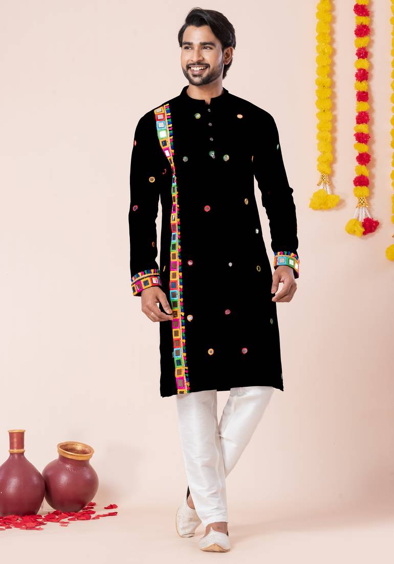 Black pure rayon navratri special premium designer kurta pyjama