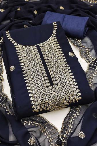 Women blue georgette embroidered unstitched dress material with dupatta
